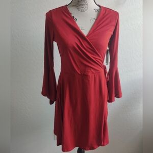 🆕 Abound Red Made in USA flare Bell sleeve v-neck office holiday party dress_MD